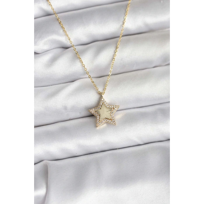 Pirinç Gold Renk Zincirli Yıldızlı Model Kadın Kolye - TJ-BKO10751
