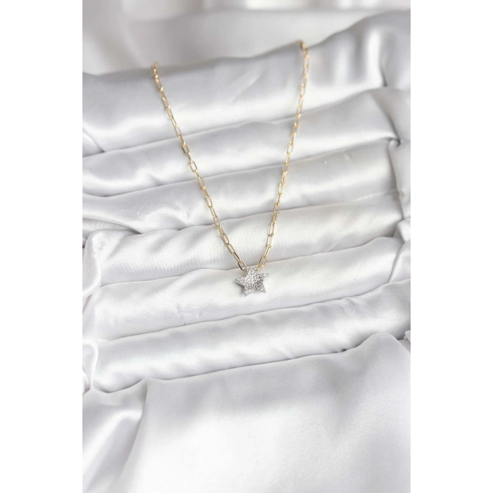 Pirinç Gold Renk Zincirli Zirkon Taşlı Minimal Yıldız Model Kadın Kolye - TJ-BKO10752
