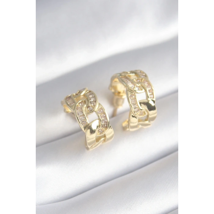 Pirinç Gold Renk Zirkon Taş Detay Zincir Model Kadın Küpe - TJ-BKP8452