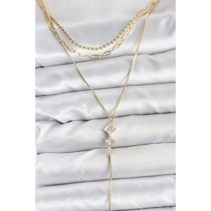 Pirinç Gold Renk Zirkon Taş Detaylı 3lü Kombin Y Kadın Kolye - TJ-BKO10691