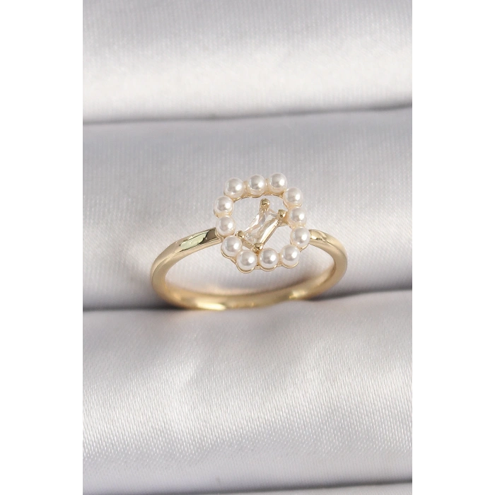 Pirinç Gold Renk Zirkon Taş Detaylı İncili Ayarlanabilir Yüzük - TJ-BYK3541