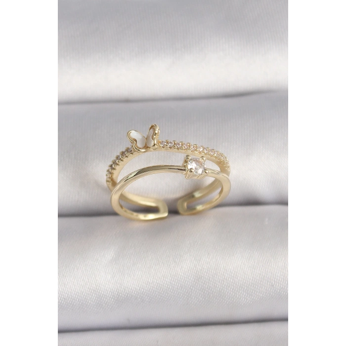 Pirinç Gold Renk Zirkon Taş Detaylı Kelebek Figür Ayarlanabilir Yüzük - TJ-BYK3527