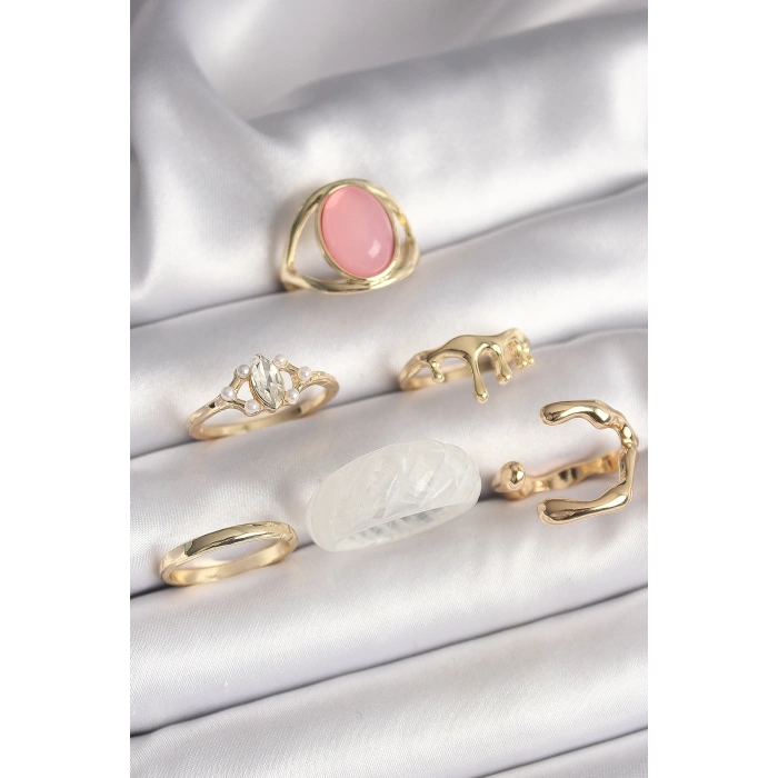 Pirinç Gold Renk Zirkon Taş Detaylı Pembe Mineli 6Lı Kadın Yüzük Seti - TJ-BYK3619