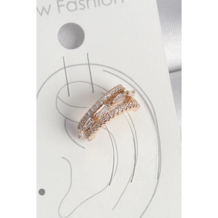 Pirinç Gold Renk Zirkon Taşlı 3Lü Sıralı Model Kadın Kıkırdak Küpe - TJ-BKP10580