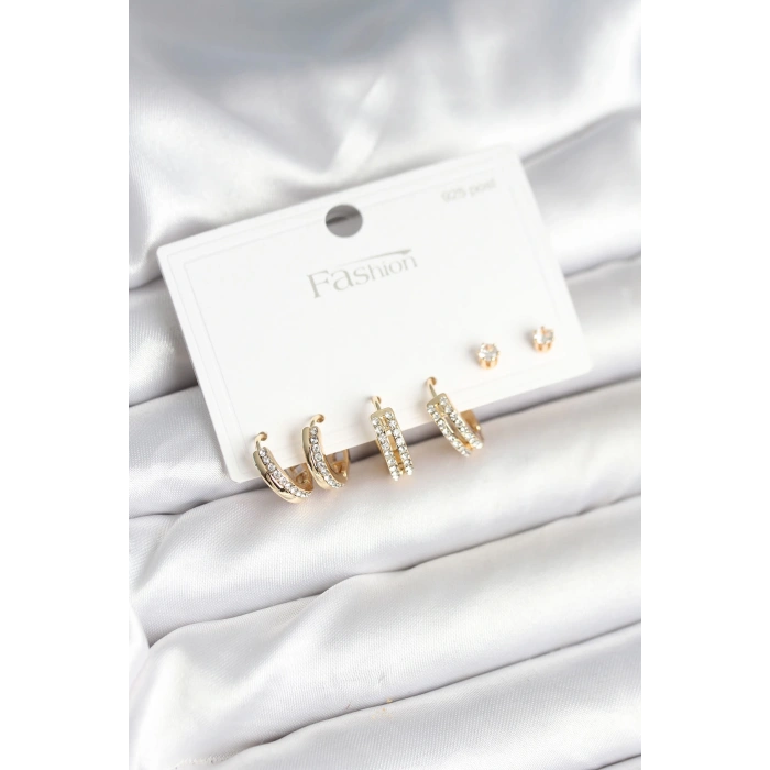 Pirinç Gold Renk Zirkon Taşlı 925 Gümüş Çivili Kadın Küpe Seti - TJ-BKP11257