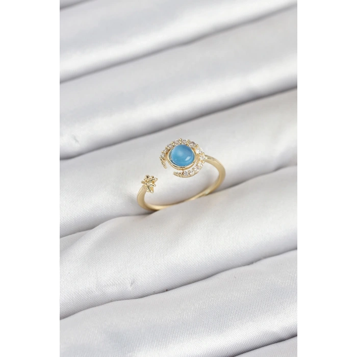 Pirinç Gold Renk Zirkon Taşlı Ay Yıldız Kadın Yüzük - TJ-BYK3860