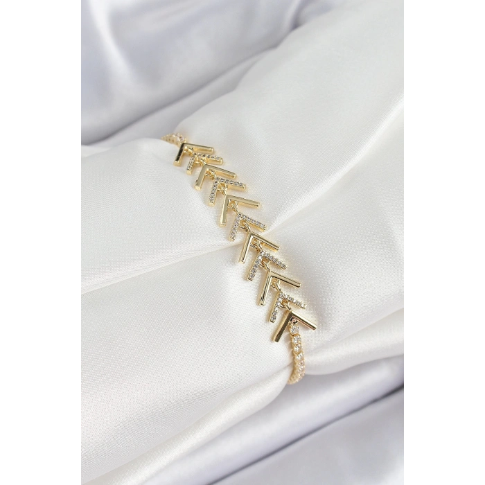 Pirinç Gold Renk Zirkon Taşlı Balık Sırtı Kadın Bileklik - TJ-BB7068