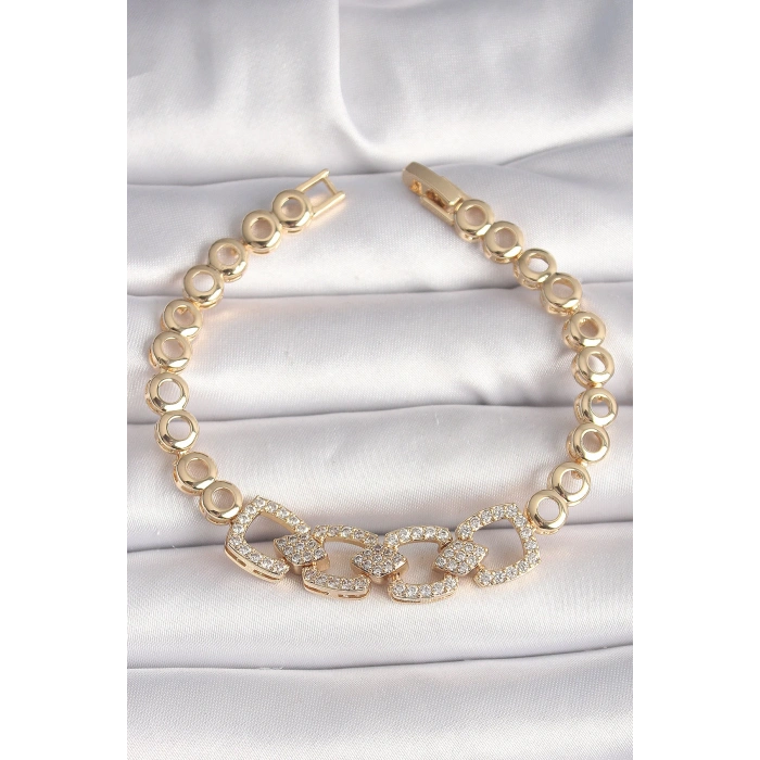 Pirinç Gold Renk Zirkon Taşlı Daire Zincir Model Kadın Bileklik - TJ-BB6842