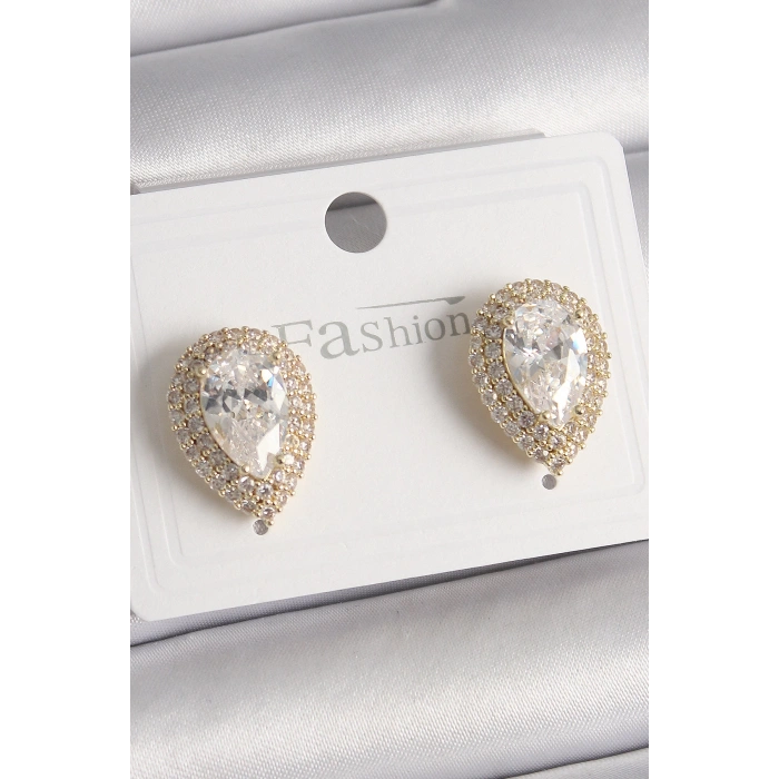 Pirinç Gold Renk Zirkon Taşlı Damla Model Kadın Küpe - TJ-BKP9917