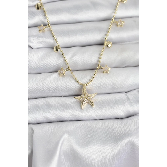 Pirinç Gold Renk Zirkon Taşlı Deniz Yıldızı Model Kadın Kolye - TJ-BKO10644