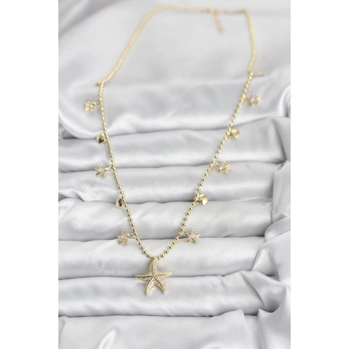 Pirinç Gold Renk Zirkon Taşlı Deniz Yıldızı Model Kadın Kolye - TJ-BKO10644