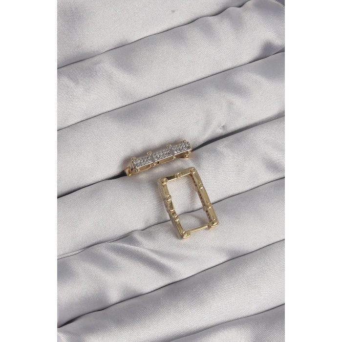 Pirinç Gold Renk Zirkon Taşlı Dikdörtgen Model Seranay Küpe - TJ-BKP9117