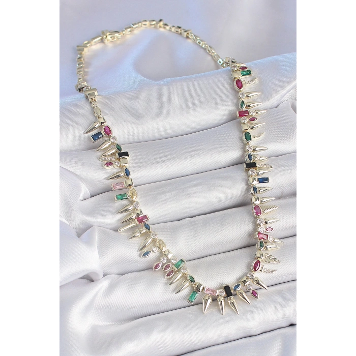 Pirinç Gold Renk Zirkon Taşlı Diken Model VIP Seri Kadın Kolye - TJ-BKO10203