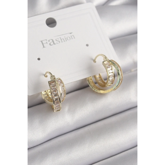Pirinç Gold Renk Zirkon Taşlı Halka Model Kadın Küpe - TJ-BKP10001
