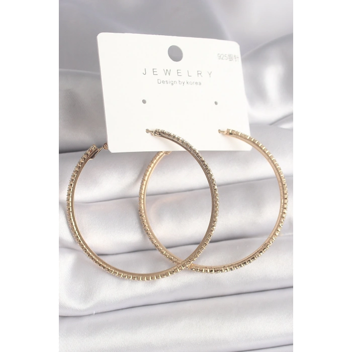 Pirinç Gold Renk Zirkon Taşlı Halka Model Kadın Küpe - TJ-BKP10015
