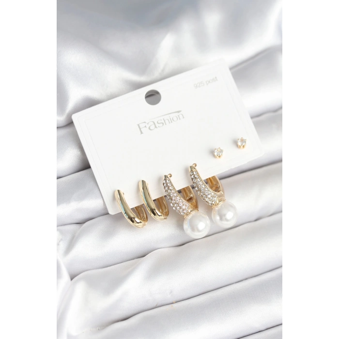 Pirinç Gold Renk Zirkon Taşlı İnci Detaylı 925 Ayar Gümüş Çivili Kadın Küpe Seti - TJ-BKP11252