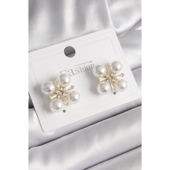 Pirinç Gold Renk Zirkon Taşlı İncili Kadın Küpe - TJ-BKP9947