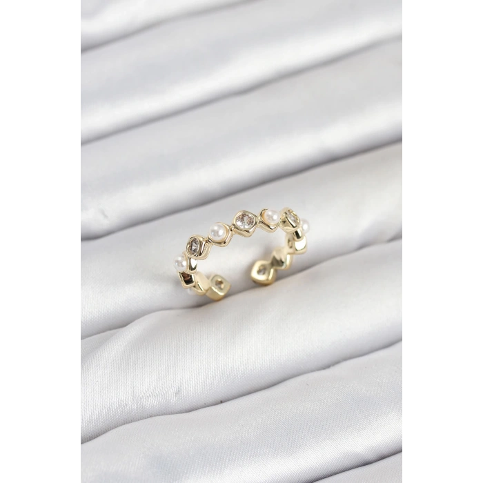 Pirinç Gold Renk Zirkon Taşlı İncili Kadın Yüzük - TJ-BYK3876