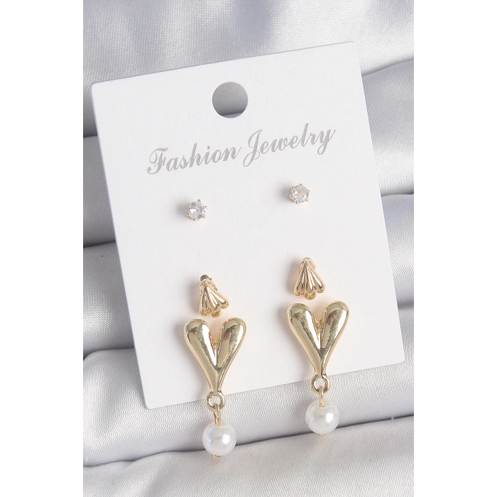 Pirinç Gold Renk Zirkon Taşlı İncili Sallantılı Kalp Model 3 Çift Kadın Küpe Seti - TJ-BKP10608