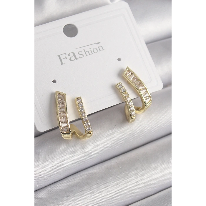 Pirinç Gold Renk Zirkon Taşlı Kadın Küpe - TJ-BKP9969