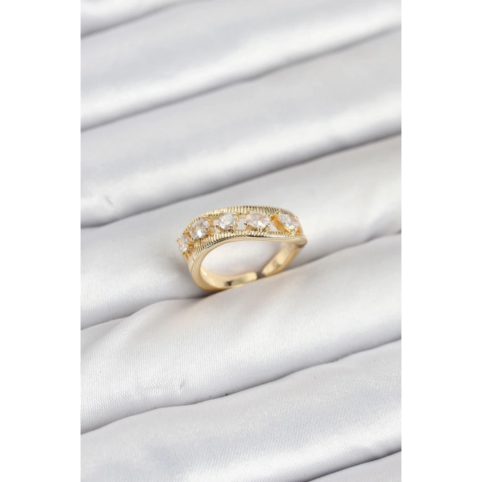 Pirinç Gold Renk Zirkon Taşlı Kadın Yüzük - TJ-BYK3872