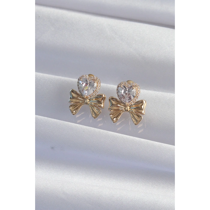 Pirinç Gold Renk Zirkon Taşlı Kalp Model Fiyonk Küpe - TJ-BKP9311