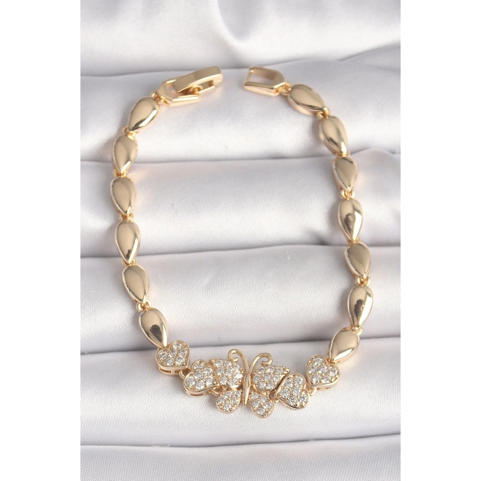Pirinç Gold Renk Zirkon Taşlı Kelebek Figür Damla Zincir Model Kadın Bileklik - TJ-BB6840