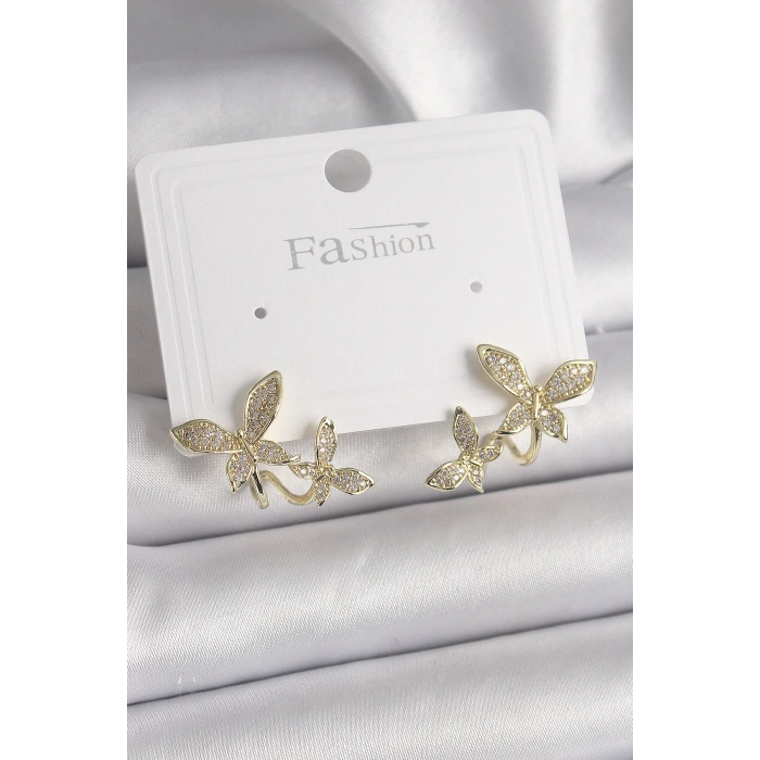 Pirinç Gold Renk Zirkon Taşlı Kelebek Model Kadın Küpe - TJ-BKP9838