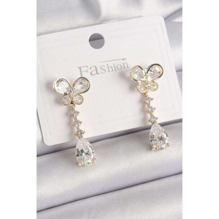 Pirinç Gold Renk Zirkon Taşlı Kelebek Model Sallantı Damla Zirkon Taş Kadın Küpe - TJ-BKP9860