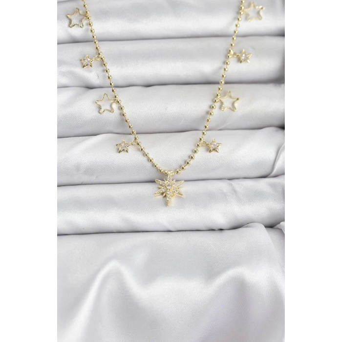 Pirinç Gold Renk Zirkon Taşlı Kutup Yıldızı Model Kadın Kolye - TJ-BKO10649