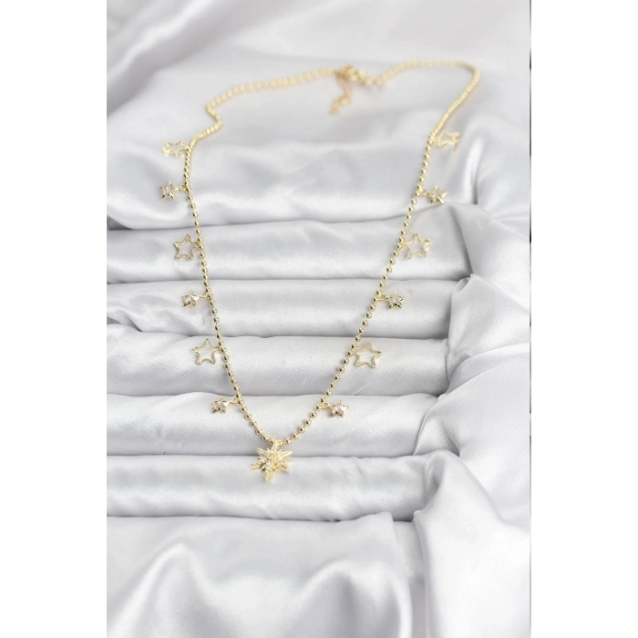 Pirinç Gold Renk Zirkon Taşlı Kutup Yıldızı Model Kadın Kolye - TJ-BKO10649