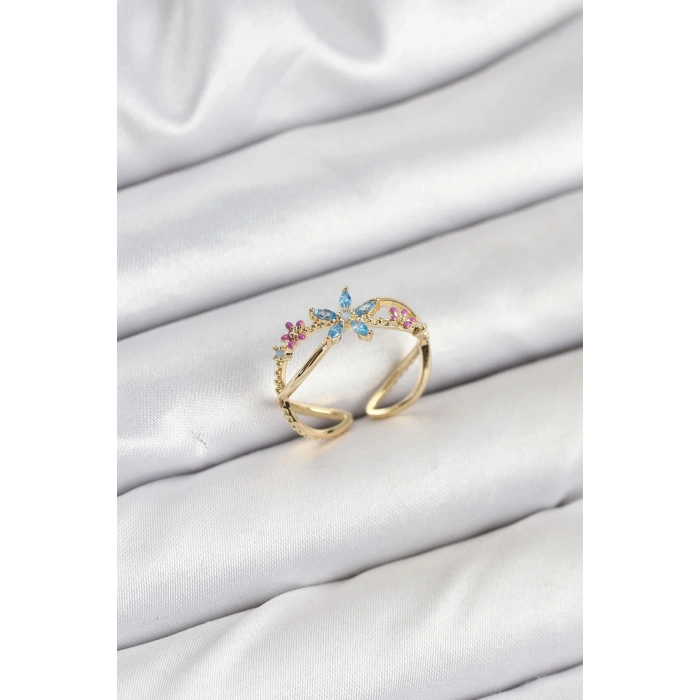 Pirinç Gold Renk Zirkon Taşlı Mavi Çiçekli Kadın Yüzük - TJ-BYK3834