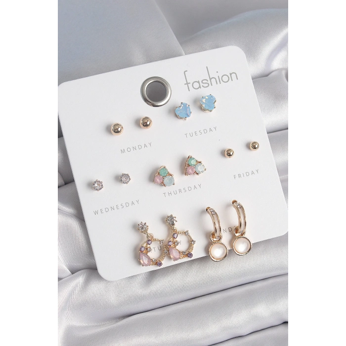 Pirinç Gold Renk Zirkon Taşlı Sallantı Halka Figür Kalp Detay 7 Çift Kadın Küpe - TJ-BKP10533