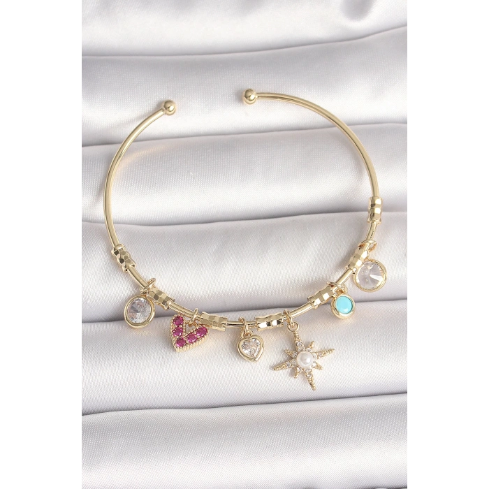 Pirinç Gold Renk Zirkon Taşlı Sallantı Kutup Yıldız Figür İnci Detay Charm Kadın Bileklik - TJ-BB6887