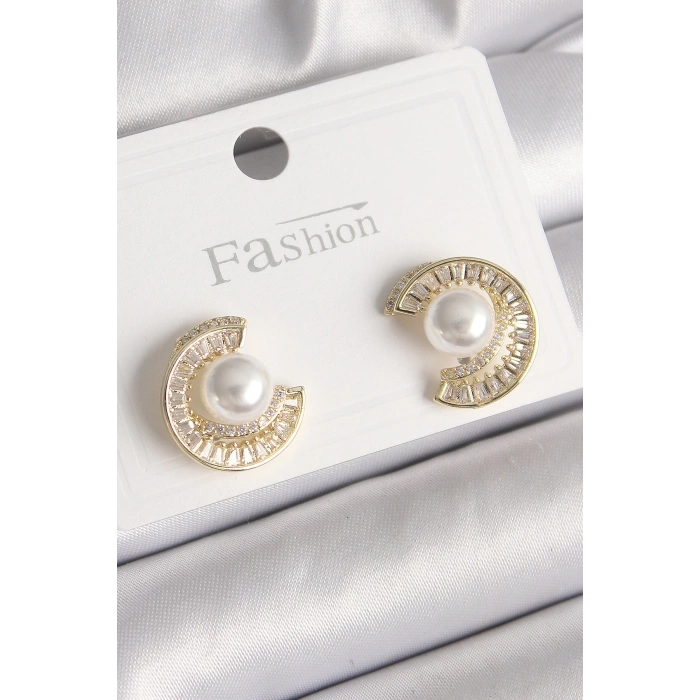 Pirinç Gold Renk Zirkon Taşlı Salyangoz Model İnci Detay Kadın Küpe - TJ-BKP9786