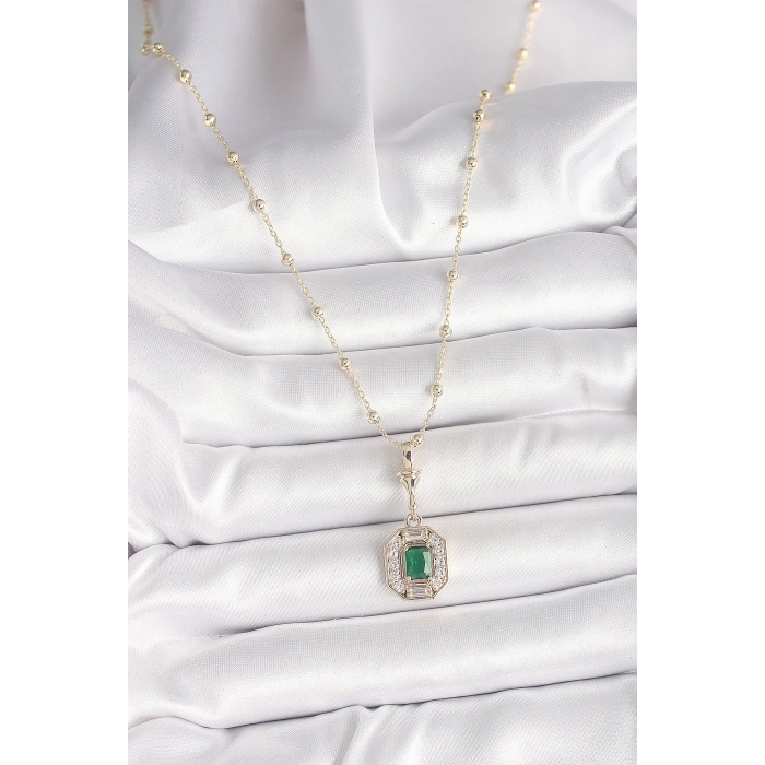 Pirinç Gold Renk Zirkon Taşlı Topçuk Zincir Serenay Model Kadın Kolye - TJ-BKO9902