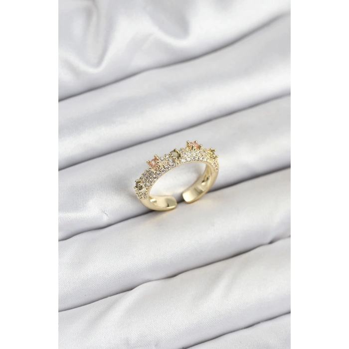 Pirinç Gold Renk Zirkon Taşlı Vintage Kadın Yüzük - TJ-BYK3832