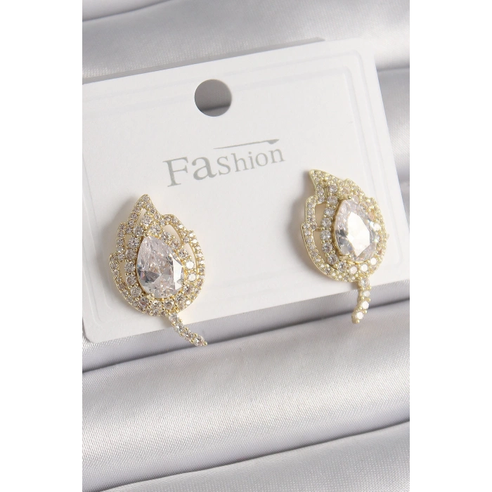 Pirinç Gold Renk Zirkon Taşlı Yaprak Model Kadın Küpe - TJ-BKP9945