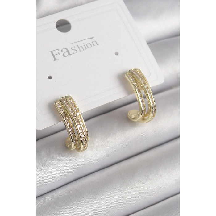 Pirinç Gold Renk Zirkon Taşlı Yarım Halka Model Kadın Küpe - TJ-BKP9977
