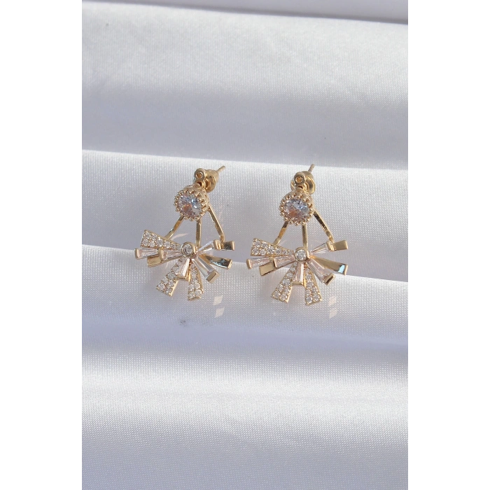 Pirinç Gold Renk Zirkon Taşlı Yassı Fiyonk Model Küpe - TJ-BKP9301