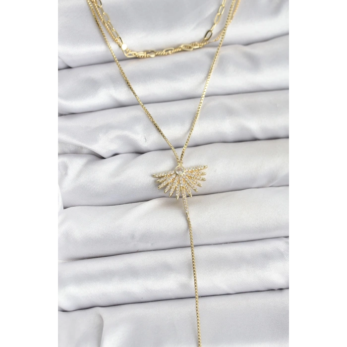 Pirinç Gold Renk Zirkon Taşlı Yelpaze Model Detaylı 3lü Kombin Y Kadın Kolye - TJ-BKO10695