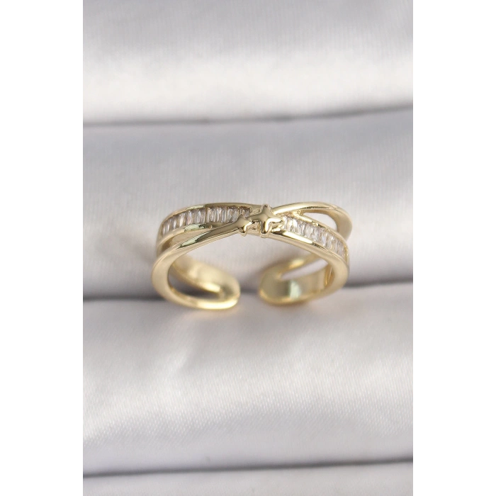 Pirinç Gold Renk Zirkon Taşlı Yıldız Detaylı Ayarlanabilir Kadın Yüzük - TJ-BYK3573