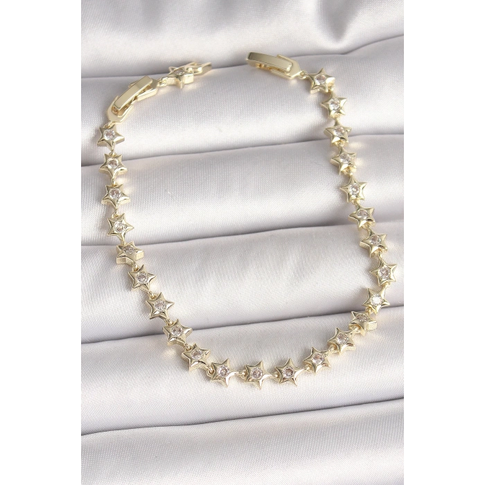 Pirinç Gold Renk Zirkon Taşlı Yıldız Model VIP Seri Kadın Bileklik - TJ-BB6880