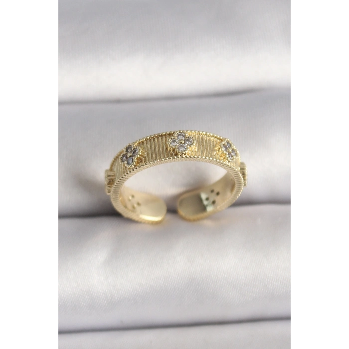 Pirinç Gold Renk Zirkon Taşlı Yonca İşlemeli Ayarlanabilir Yüzük - TJ-BYK3545