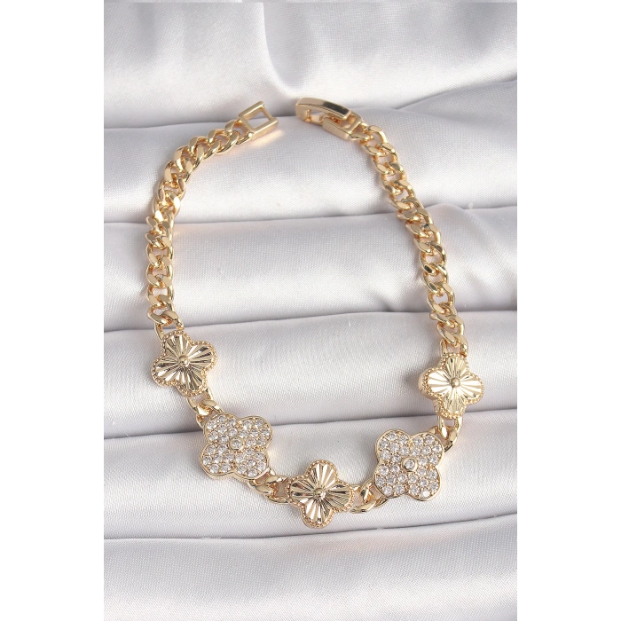Pirinç Gold Renk Zirkon Taşlı Yonca Model Kadın Bileklik - TJ-BB6836