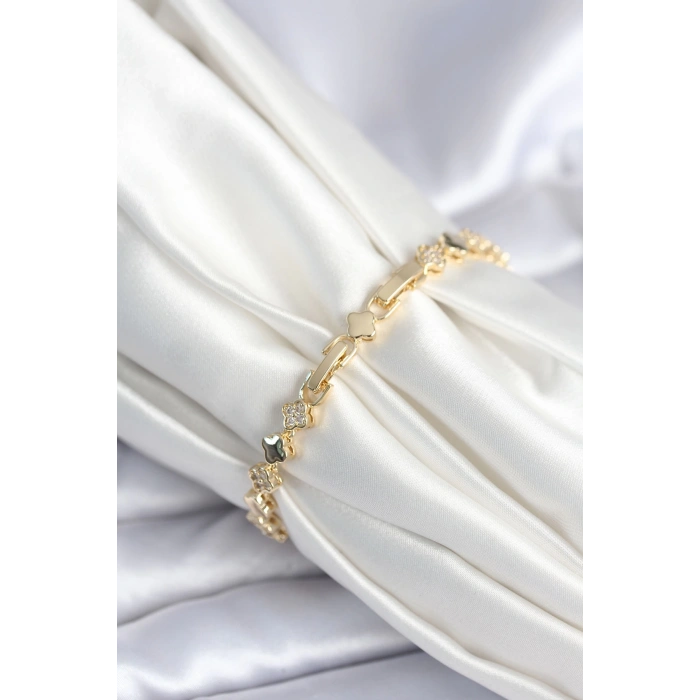 Pirinç Gold Renk Zirkon Taşlı Yonca Model Kadın Bileklik - TJ-BB7969