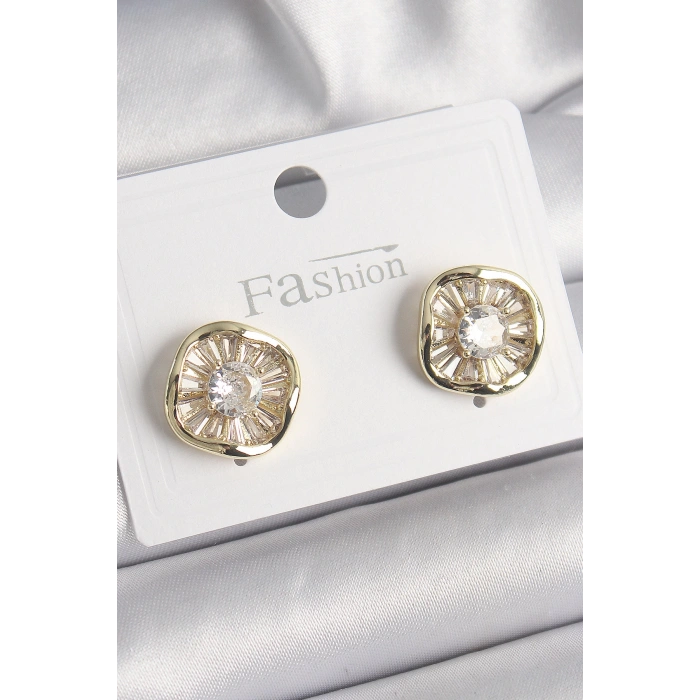 Pirinç Gold Renk Zirkon Taşlı Yonca Model Kadın Küpe - TJ-BKP9850