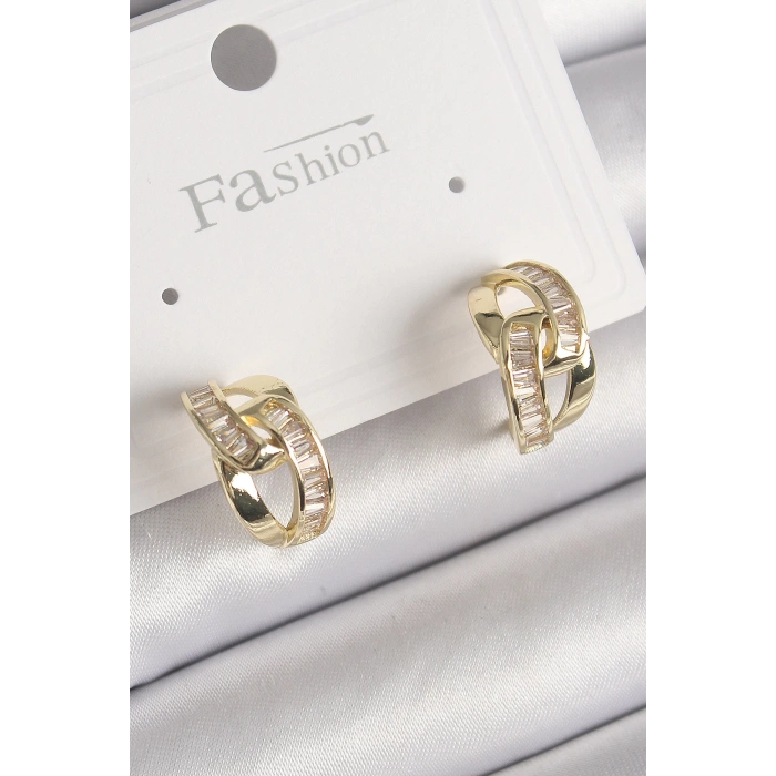 Pirinç Gold Renk Zirkon Taşlı Zincir Model Kadın Küpe - TJ-BKP9794