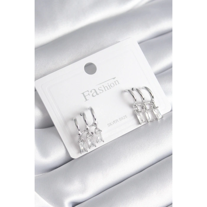 Pirinç Gümüş Renk 3lü Sallantı Zirkon Taşlı Küpe - TJ-BKP8421