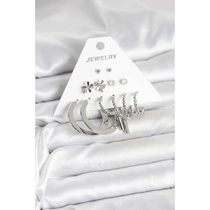 Pirinç Gümüş Renk 6 Çift Kadın Küpe Seti - TJ-BKP11332